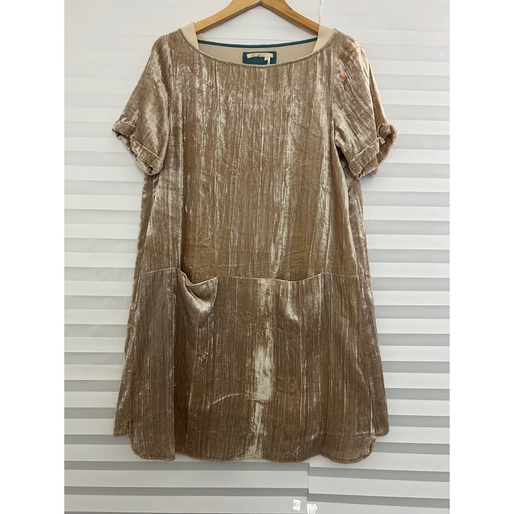 Floreat Anthropologie Gold Crushed Velvet Shift Dress Pockets Champagne M Boho